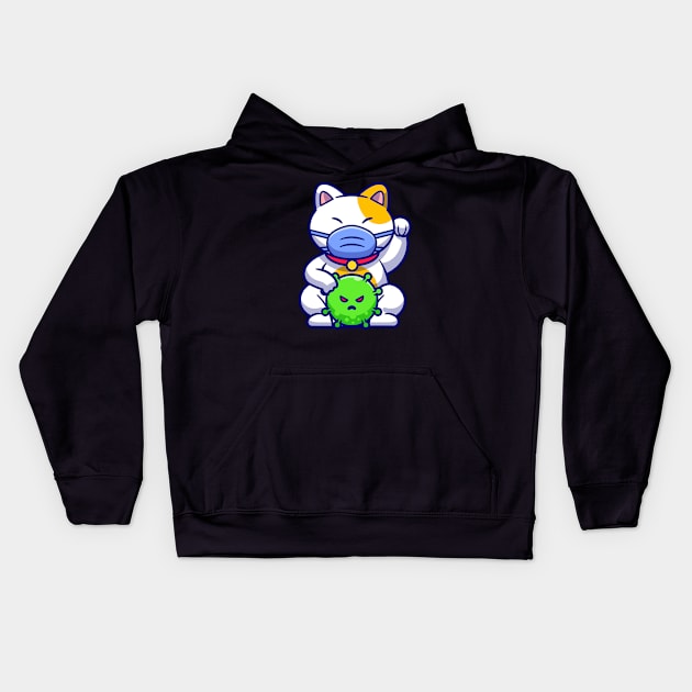 Cute Cat Maneki Neko Wearing Mask With Virus Cartoon Kids Hoodie by Catalyst Labs